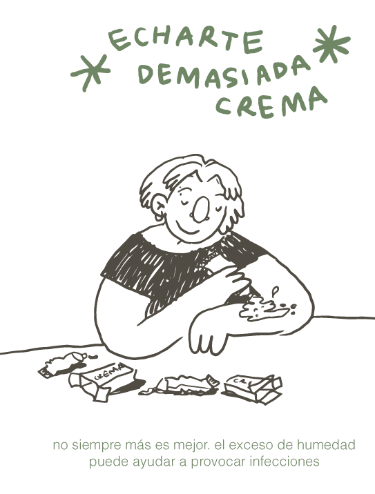 Dibujo explicativo sobre no echar demasiada crema en el tatuaje recién hecho, advirtiendo que el exceso de humedad puede provocar infecciones.