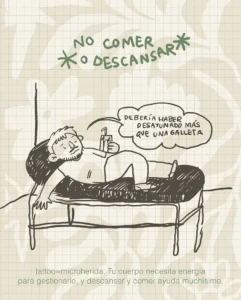 Dibujo mostrando lo importante de desayunar y descansar antes de una cita de tatuaje