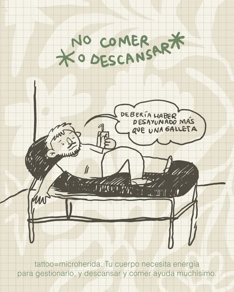 Dibujo mostrando lo importante de desayunar y descansar antes de una cita de tatuaje