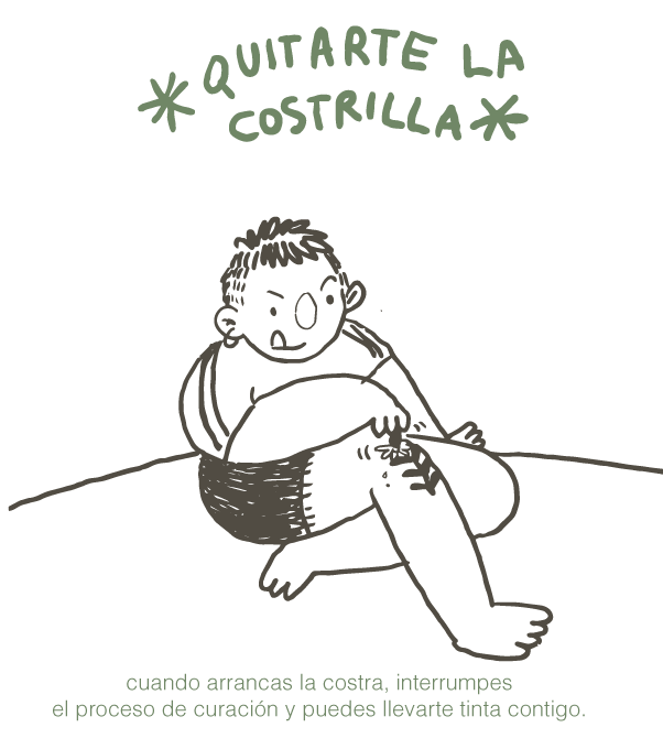 Ilustración de una persona quitándose la costrilla de un tatuaje, ilustrando cómo esto interrumpe la curación y puede quitar tinta del diseño.