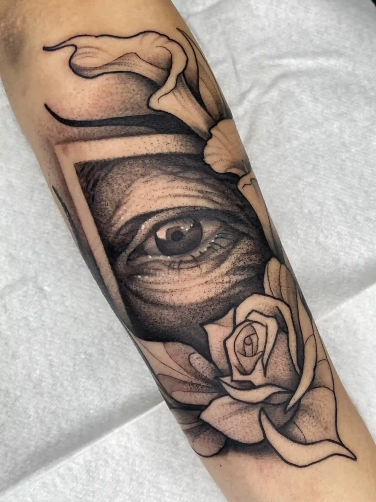 Tatuaje realista del ojo de una abuela con flores (calas y rosas en su honor), un diseño de homenaje emocional con gran detalle realizado en Karratu Tattoo Bilbao